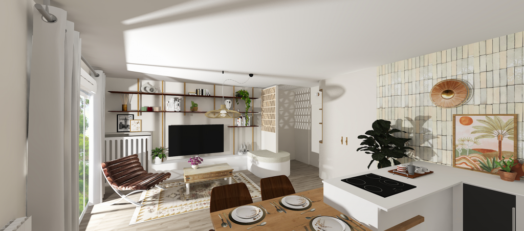 Aménagement et rangement sur mesure appartement neuf  VEFA Bois colombes hauts de seine entrée séparée claustra brique terre cuite banquette meuble TV bibliothèque Salon décoration esprit maison de vacances