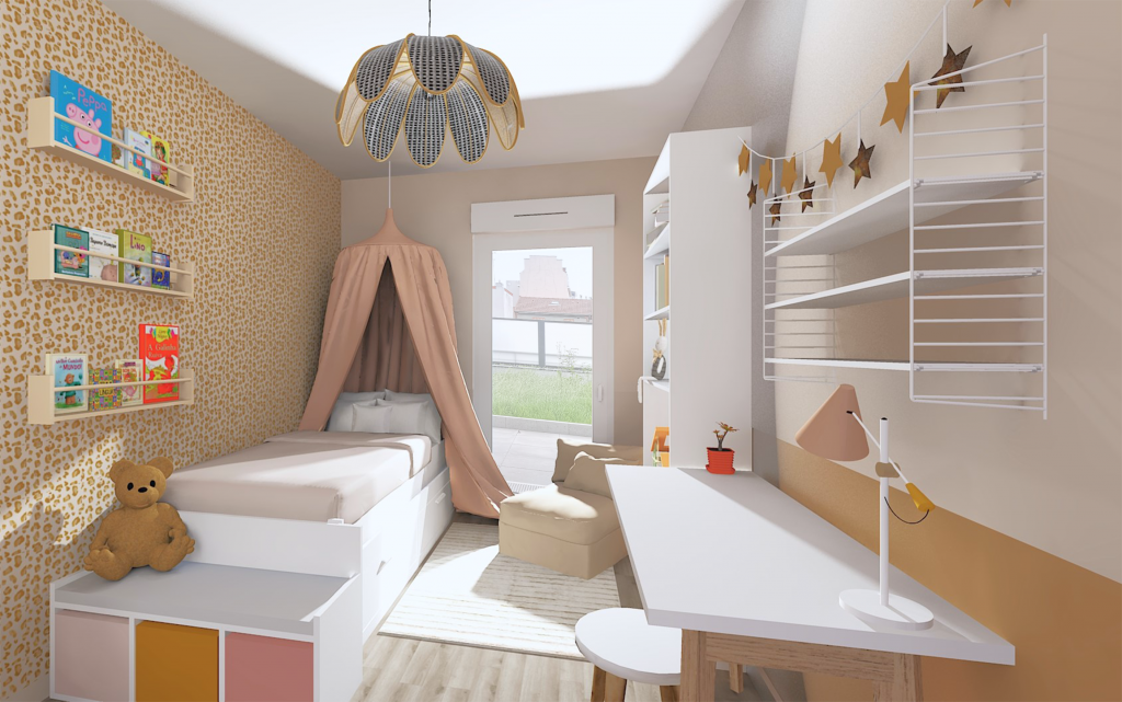 Aménagement et décoration chambre enfant ocre et rose pâle papier peint peau de bête délicat mobilier enfant blanc suspension rotin aménagement et décoration appartement neuf VEFA Bois colombes hauts de seine