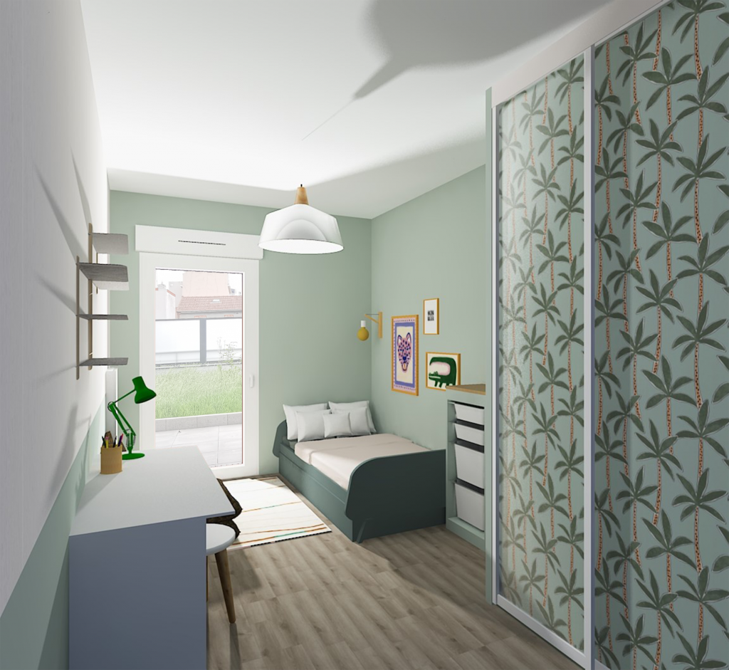 Aménagement et décoration chambre enfant ocre et rose pâle papier peint peau de bête délicat mobilier enfant blanc suspension rotin aménagement et décoration appartement neuf VEFA Bois colombes hauts de seine