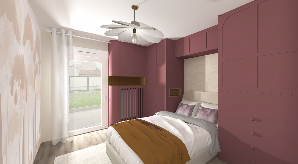 Aménagement et décoration appartement neuf VEFA hauts de seine suite chambre parentale pont de lit sur mesure terracotta rose suspension fleur tissu style bohème chic et contemporain