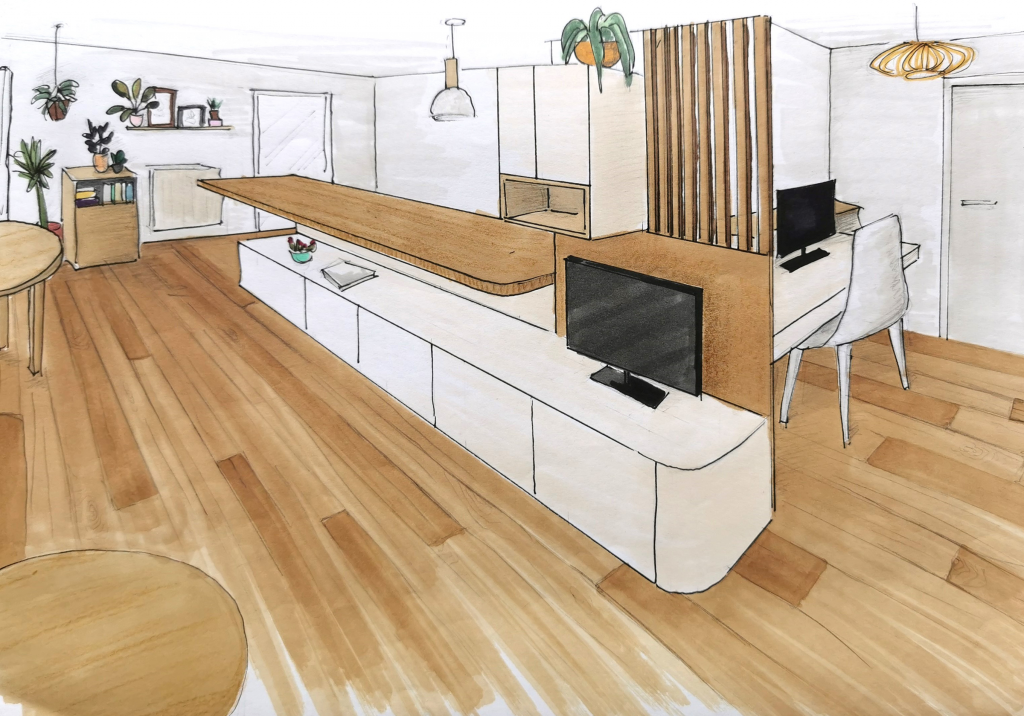 Croquis en perspective du meuble sur mesure dessiné sur mesure pour optimiser l'espace de vie Optimisation d'espace solution rangement astucieux appartement neuf