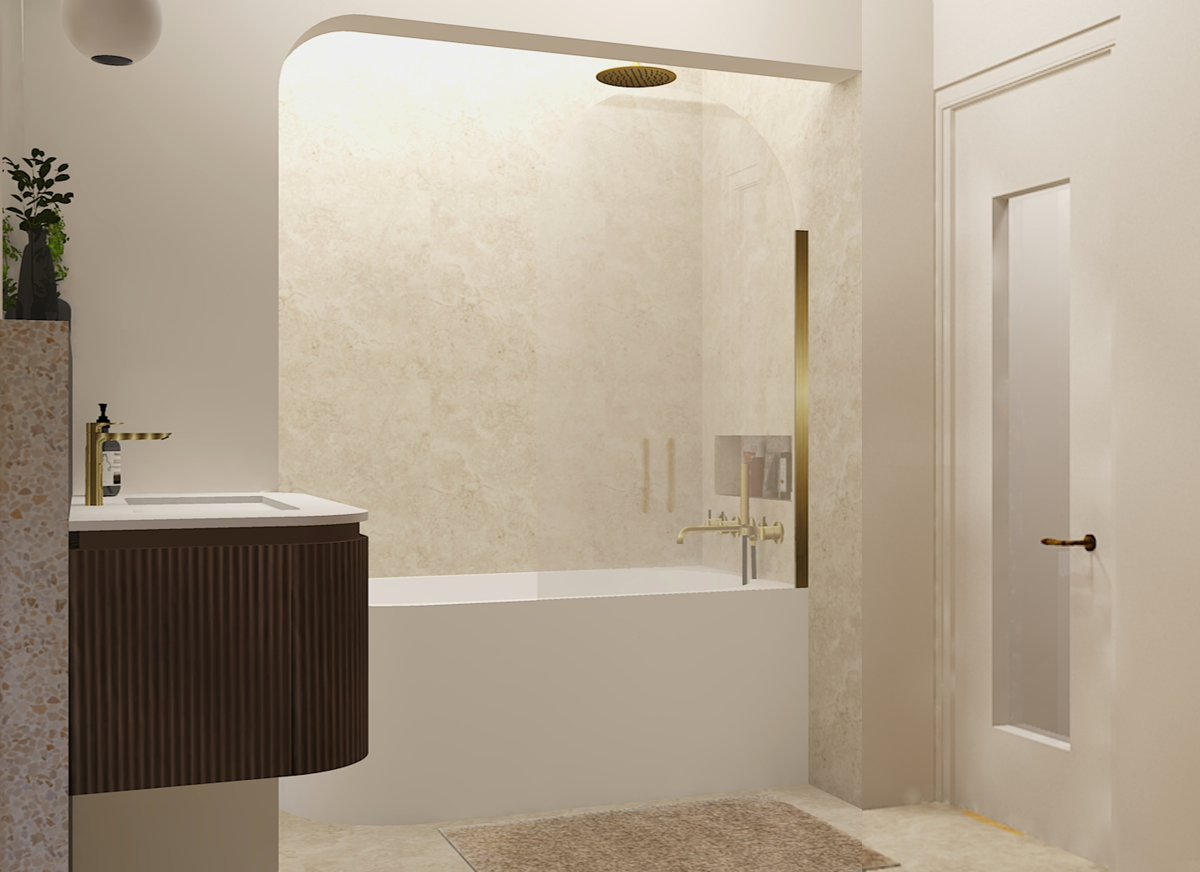 Rénovation aménagement salle de bain sur mesure maison ancienne val d'oise isle-adam travertin terrazzo laiton miroir arche meuble noyer style hotel élégant haut de gamme chaleureux contemporain