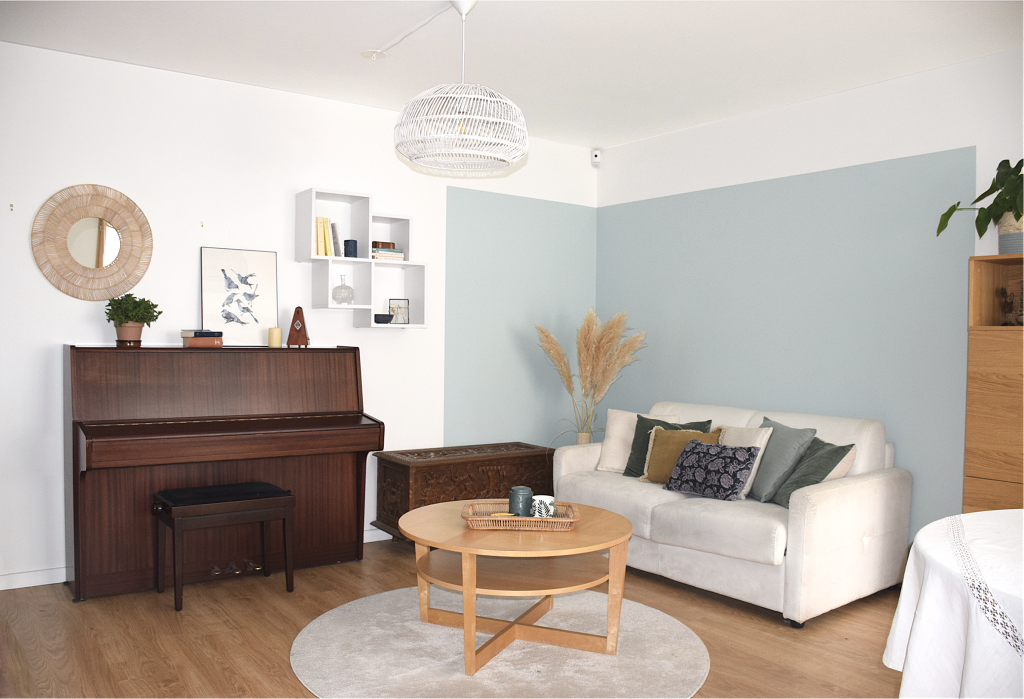 Réagencement de l'espace salon. Mélange meubles anciens et modernes. Délimitation de l'espace salon avec la couleur. Optimisation d'espace appartement neuf