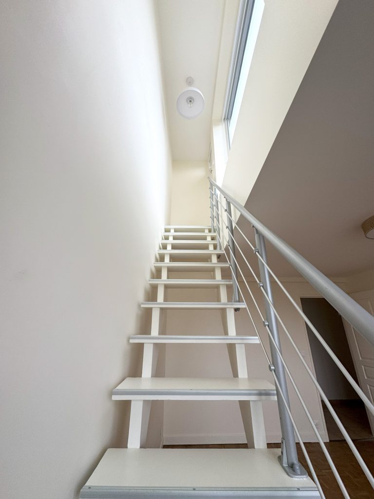 Cage escalier terrasse panoramique Rénovation complète énergétique appartement vincennes val de Marne isolation murs plafonds peintures neuves appartement lumineux plafonnier élégant sobre et intemporel salon 