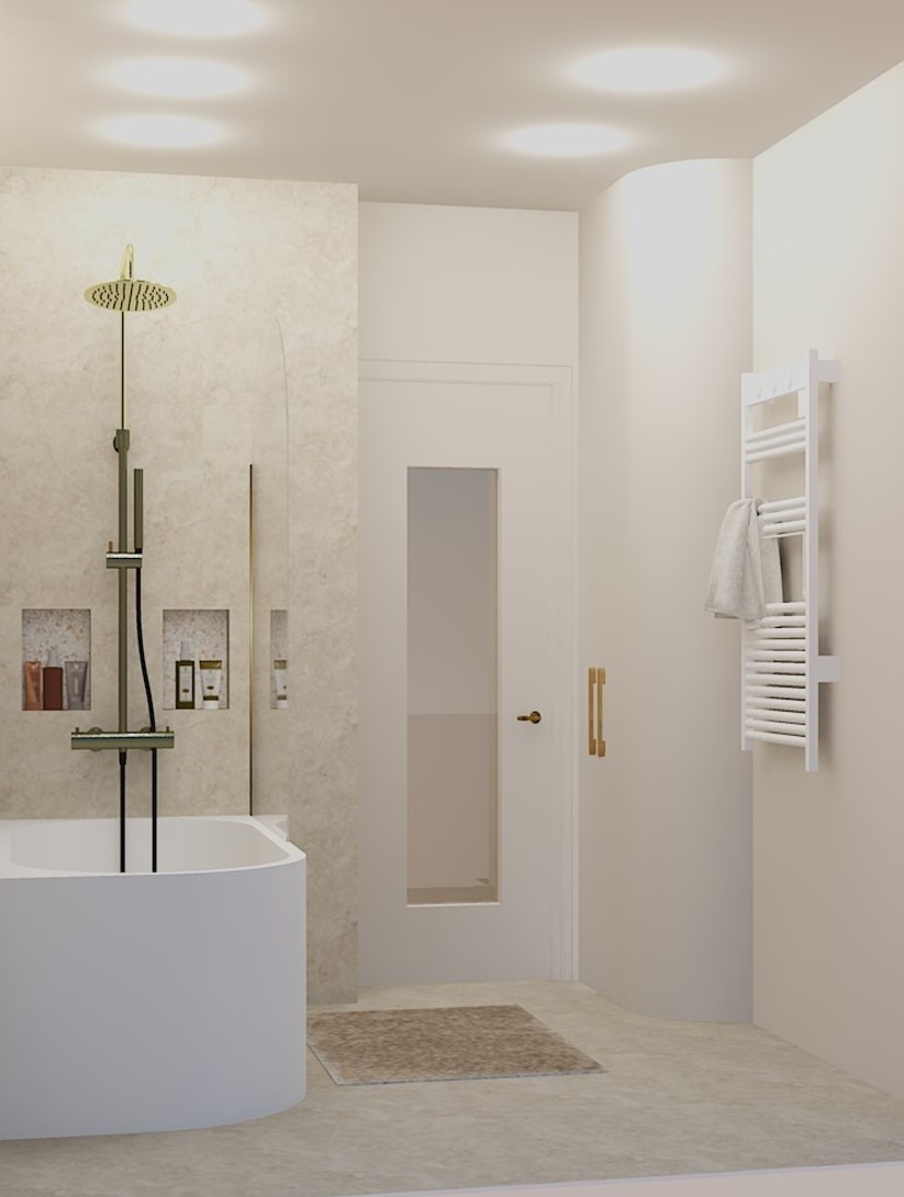 Rénovation aménagement salle de bain sur mesure maison ancienne val d'oise isle-adam travertin terrazzo laiton miroir arche meuble noyer style hotel élégant haut de gamme chaleureux contemporain armoire sur mesure niches espace baignoire