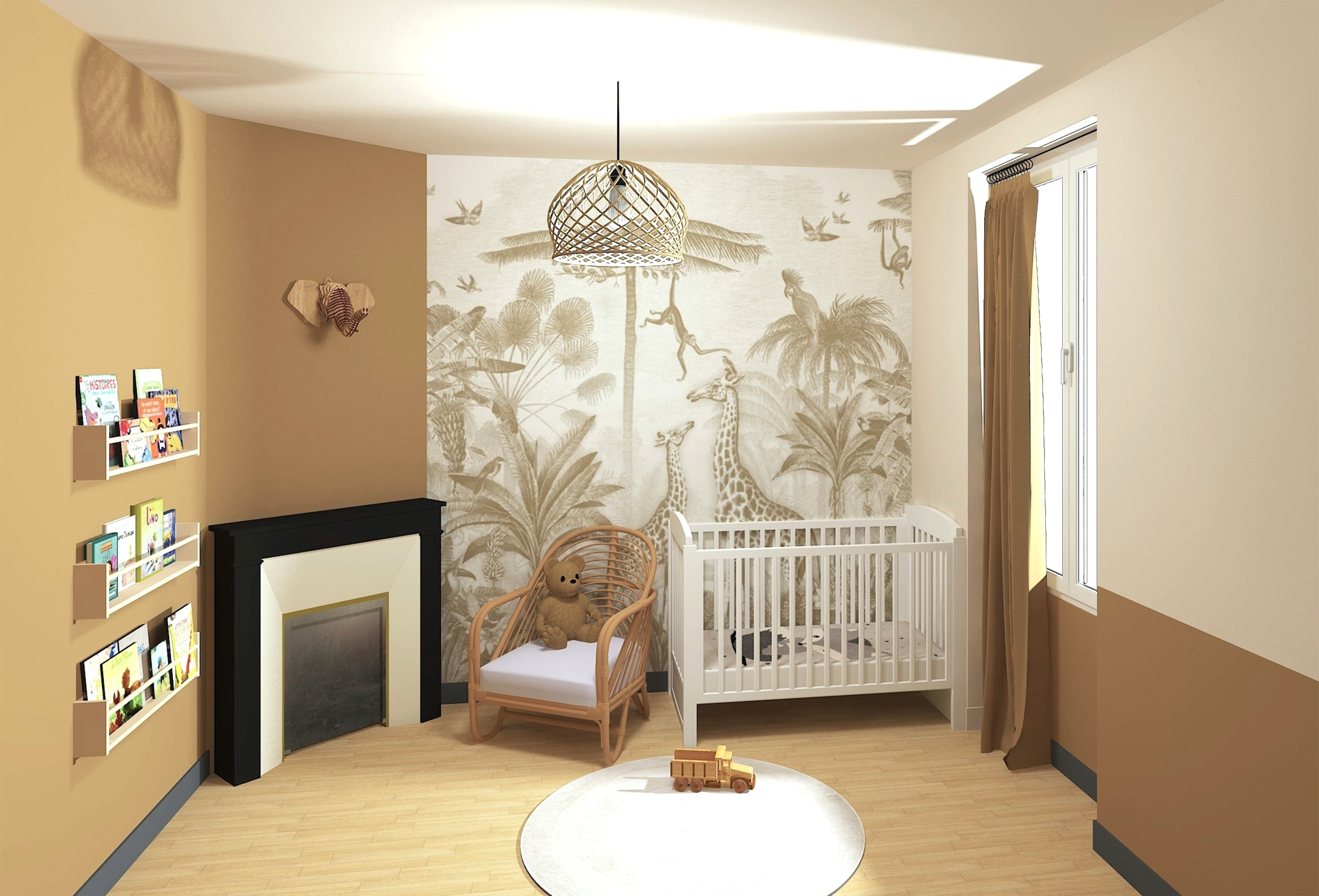chambre enfant chaleureuse mixte murs ocres et blanc cassé plinthes gris foncé papier peint panoramique lit bébé fauteuil rotin tapis de jeu cheminée marbre étagères à livre