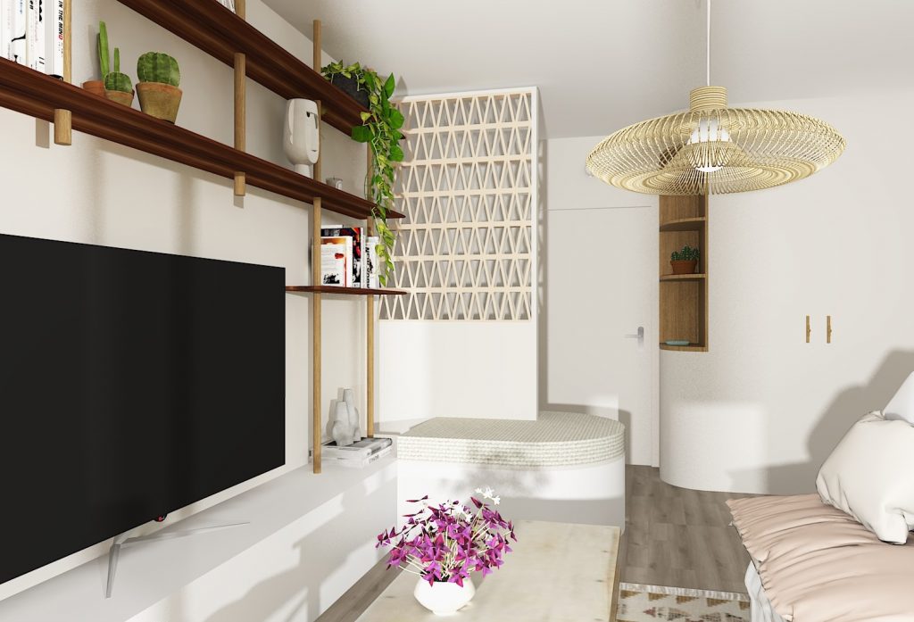Aménagement et rangement sur mesure appartement neuf  VEFA Bois colombes hauts de seine entrée séparée claustra brique terre cuite banquette meuble TV bibliothèque sur mesure Salon décoration esprit maison de vacances style exotique chic contemporain et éclectique