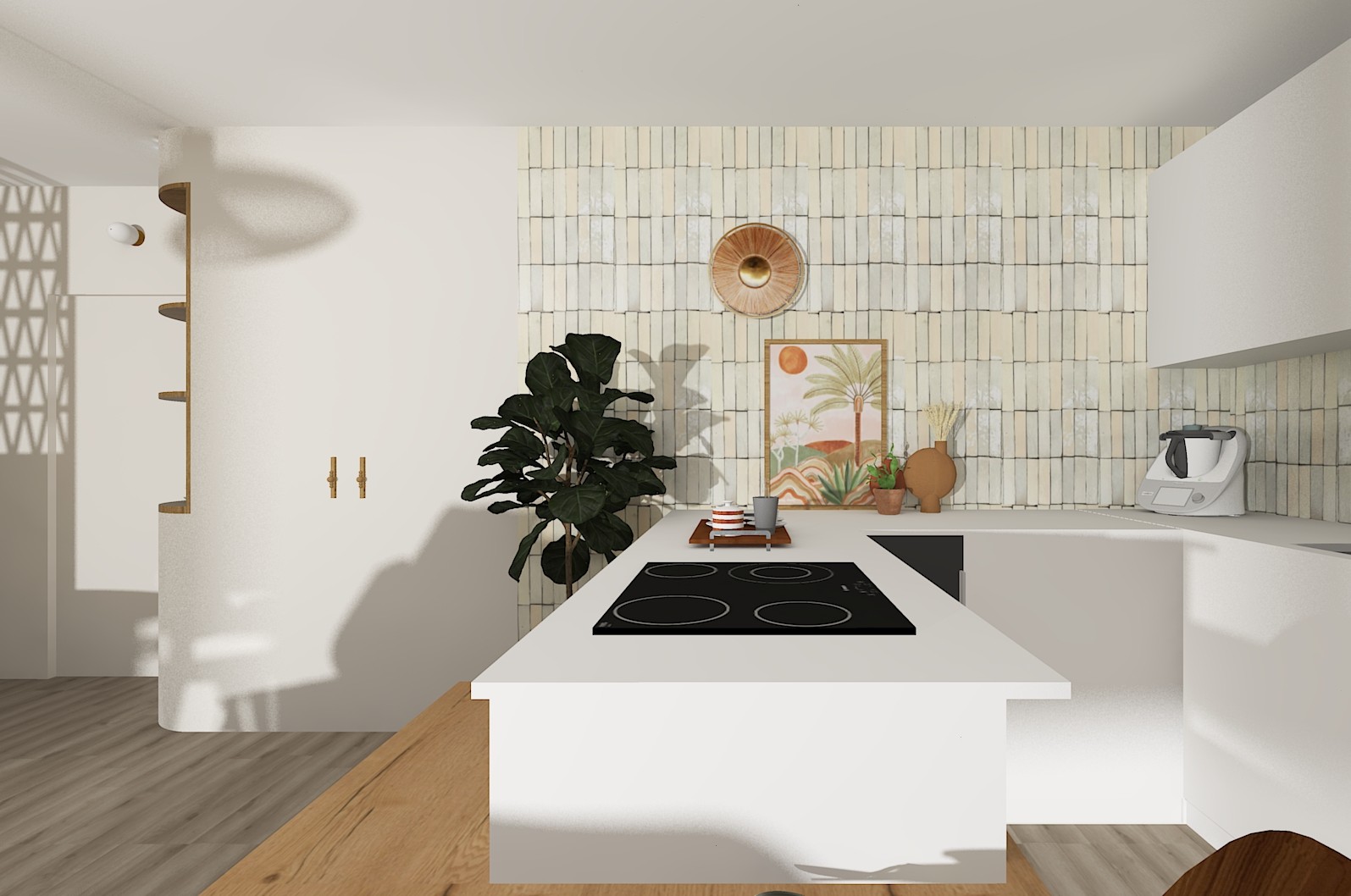 Crédence cuisine zellige artisanal clair dressing entrée sur mesure mix and match style esprit maison de vacances cuisine ouverte contemporaine