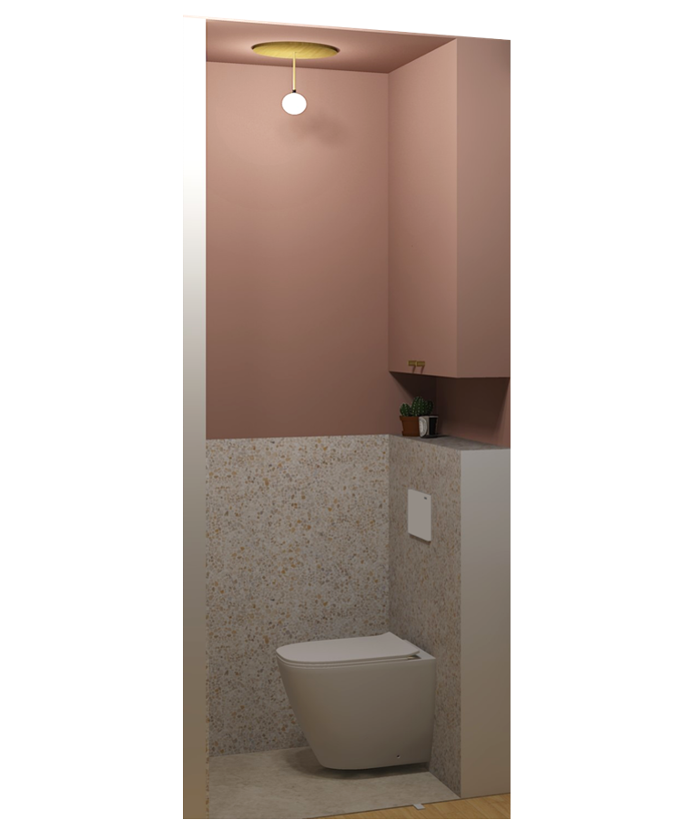 WC suspendu style contemporain terracotta terrazzo placard sur mesure plafonnier laiton