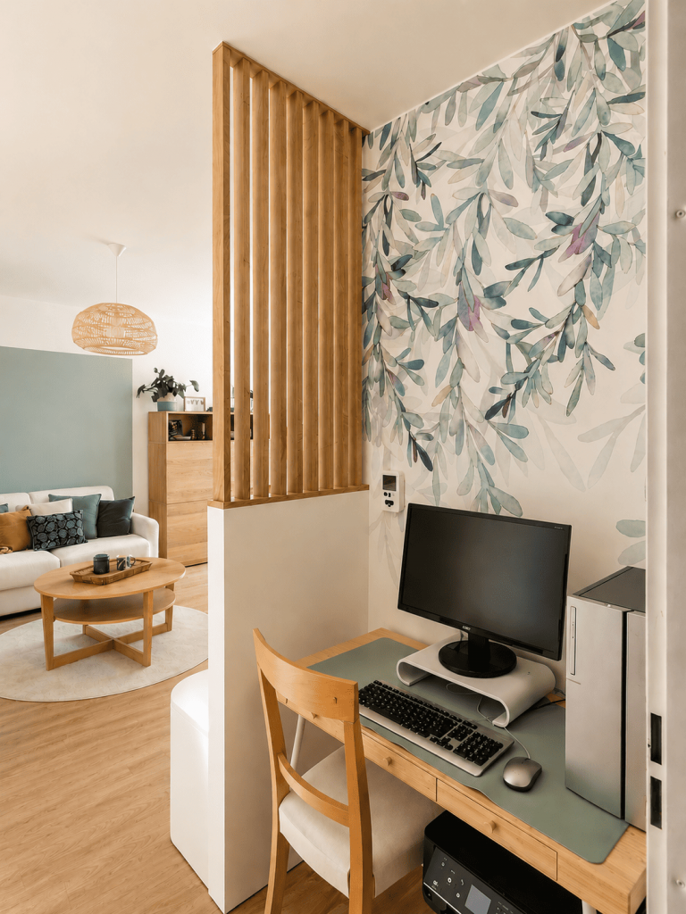 optimisation espaces Espace bureau dans salon, délimité par un claustra en chêne sur mesure. Optimisation d'espace solution rangement astucieux appartement neuf