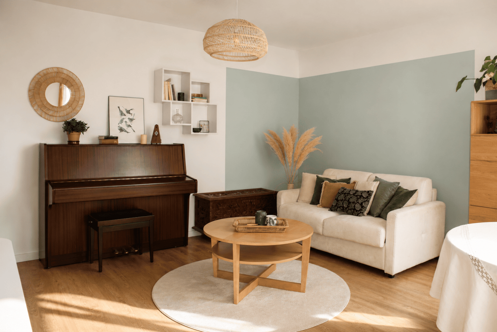 Réagencement de l'espace salon. Mélange meubles anciens et modernes. Délimitation de l'espace salon avec la couleur. Optimisation d'espace appartement neuf