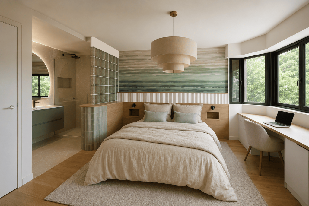 Suite parentale avec salle d'eau ouverte. Cloison pavé de verre. Suite d'hôtel. Chambre parentale lumineuse. Bureau sur mesure bow window. Conception agencement sur mesure suite parentale. Rénovation total appartement. Transformation salle d'eau
